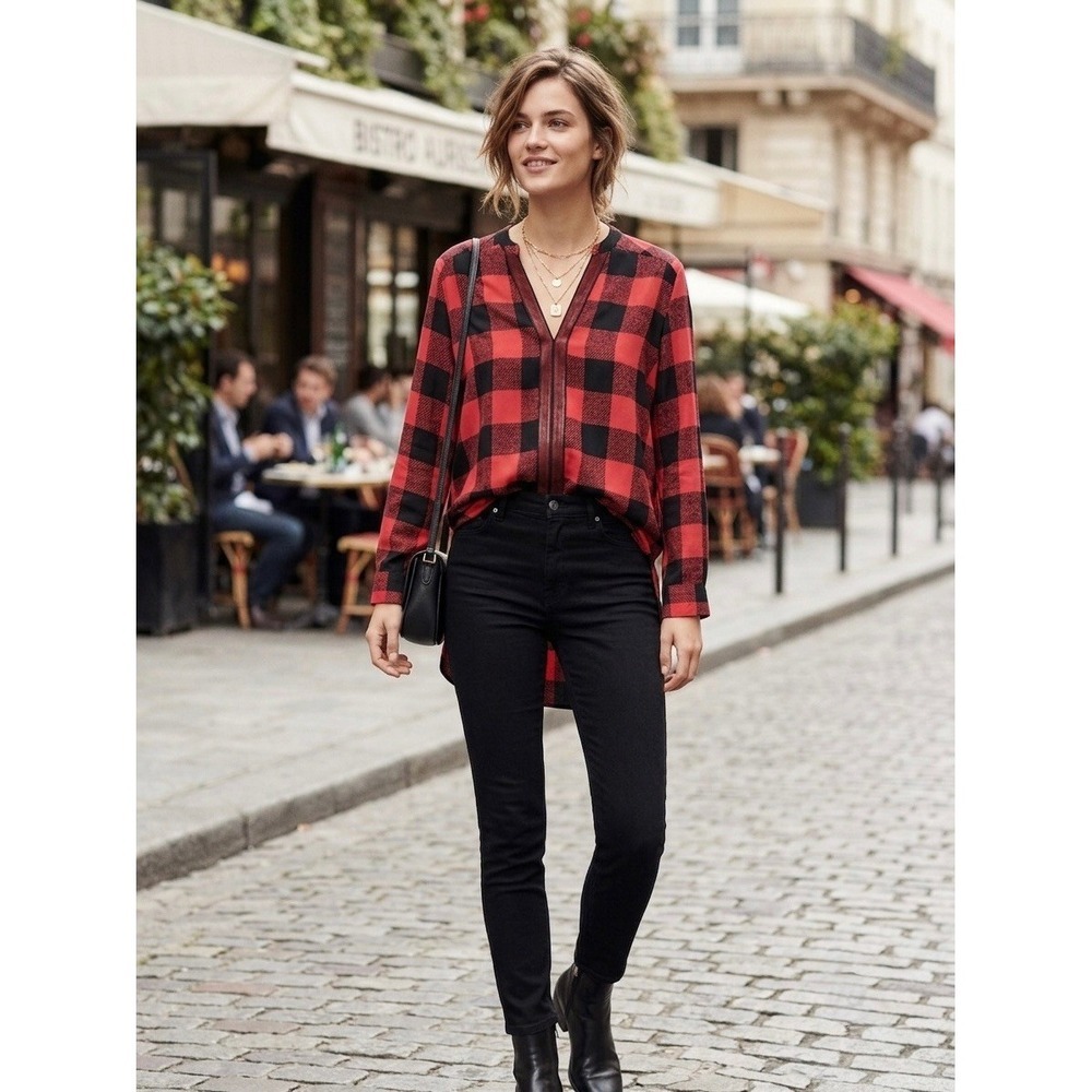 Sandro Paris Red Black Buffalo Plaid 100% Silk Blouse E9704H Size 3 L
